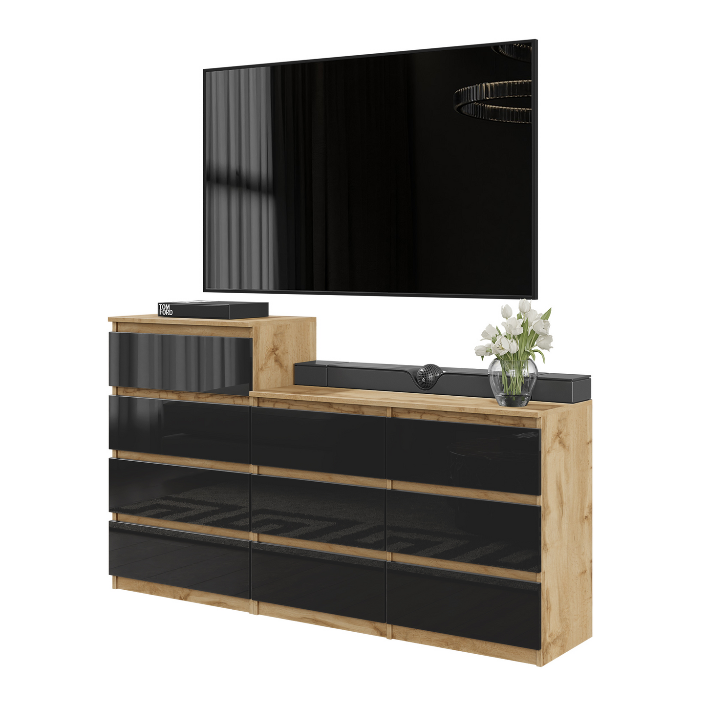 GABRIEL - Commode 10 Tiroirs (6+4) - H92/70 cm L160 cm P33 cm (Chêne Wotan / Noir Brillant)