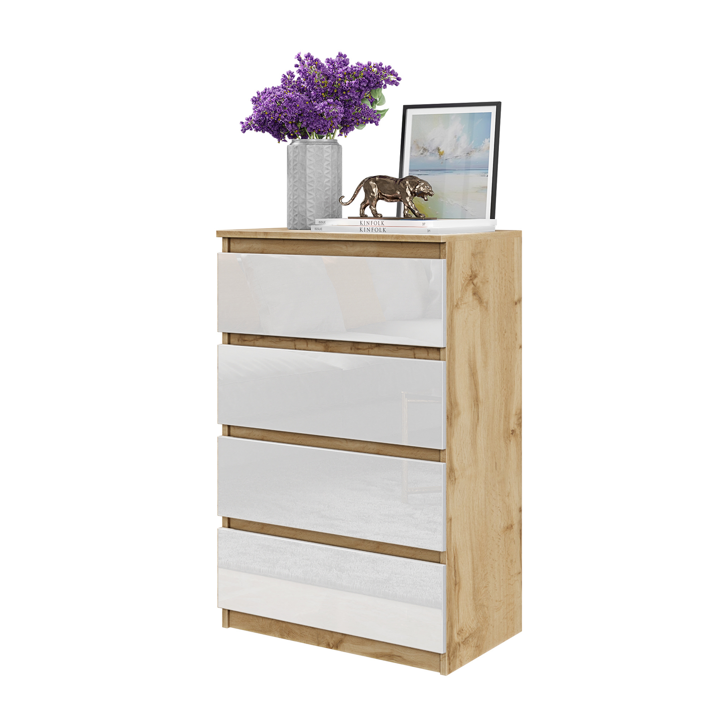 GABRIEL - Commode 4 Tiroirs - Table de Chevet Buffet - H92cm L60cm P33cm (Chêne Wotan / Blanc Brillant)