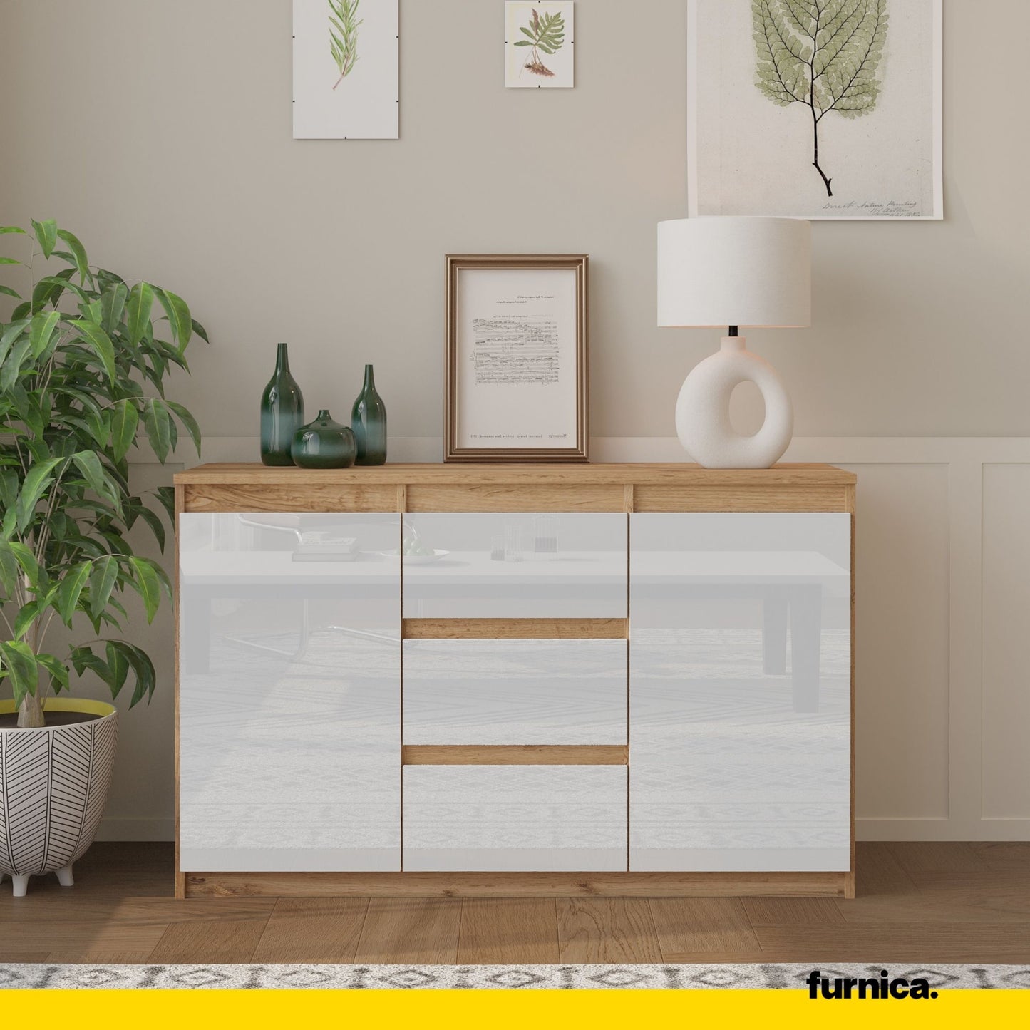 MIKEL - Commode 3 Tiroirs et 2 Portes - Armoire de Rangement pour Couloir / Chambre à Coucher - Buffet - H75cm L120cm P35cm (Chêne Wotan / Blanc Brillant)