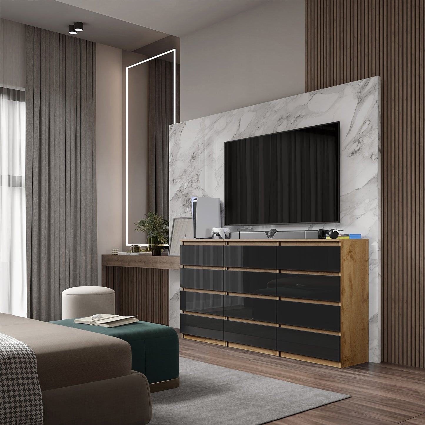 GABRIEL - Commode 12 Tiroirs (8+4) - H92cm L180cm P33cm (Chêne Wotan / Noir Brillant)