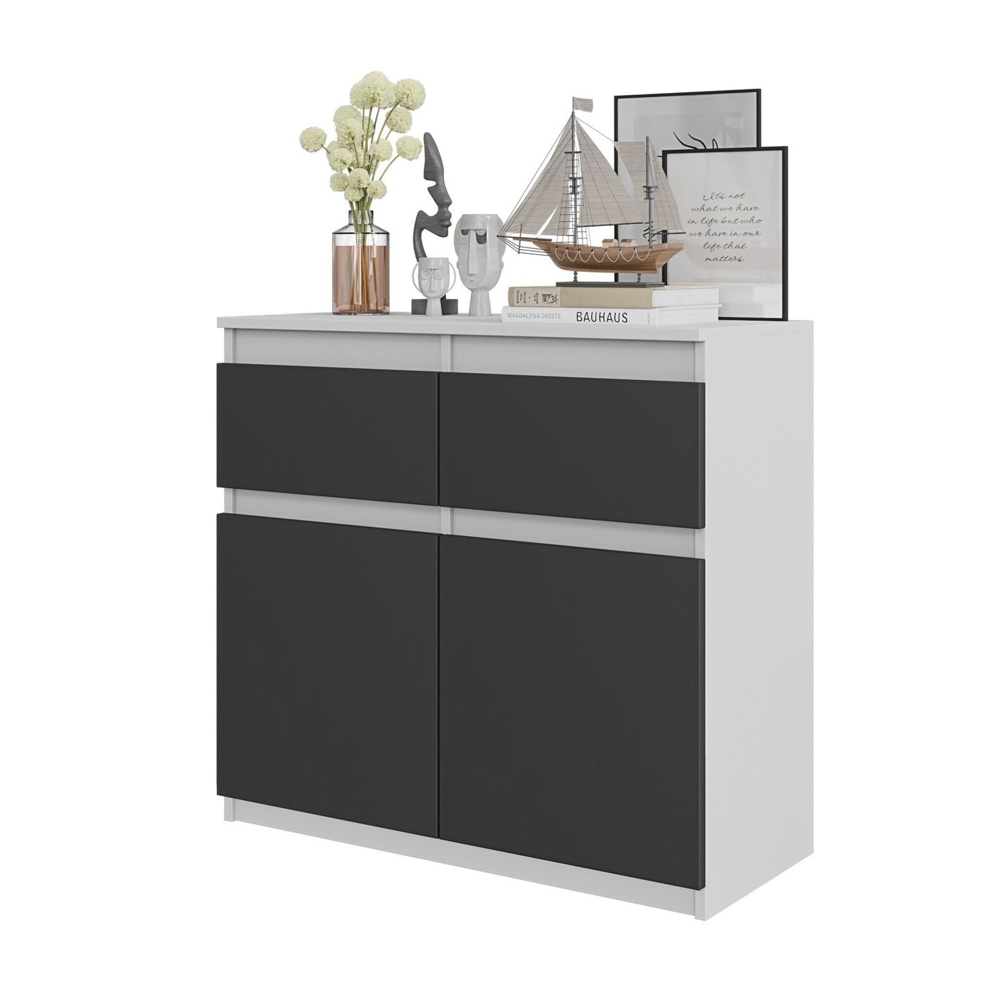 NOAH - Commode 2 Tiroirs et 2 Portes - Meuble de Rangement pour Couloir/Chambre - Buffet - H75cm L80cm P35cm (Blanc/Anthracite)