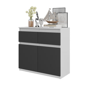 NOAH - Commode 2 Tiroirs et 2 Portes - Meuble de Rangement pour Couloir/Chambre - Buffet - H75cm L80cm P35cm (Blanc/Anthracite)