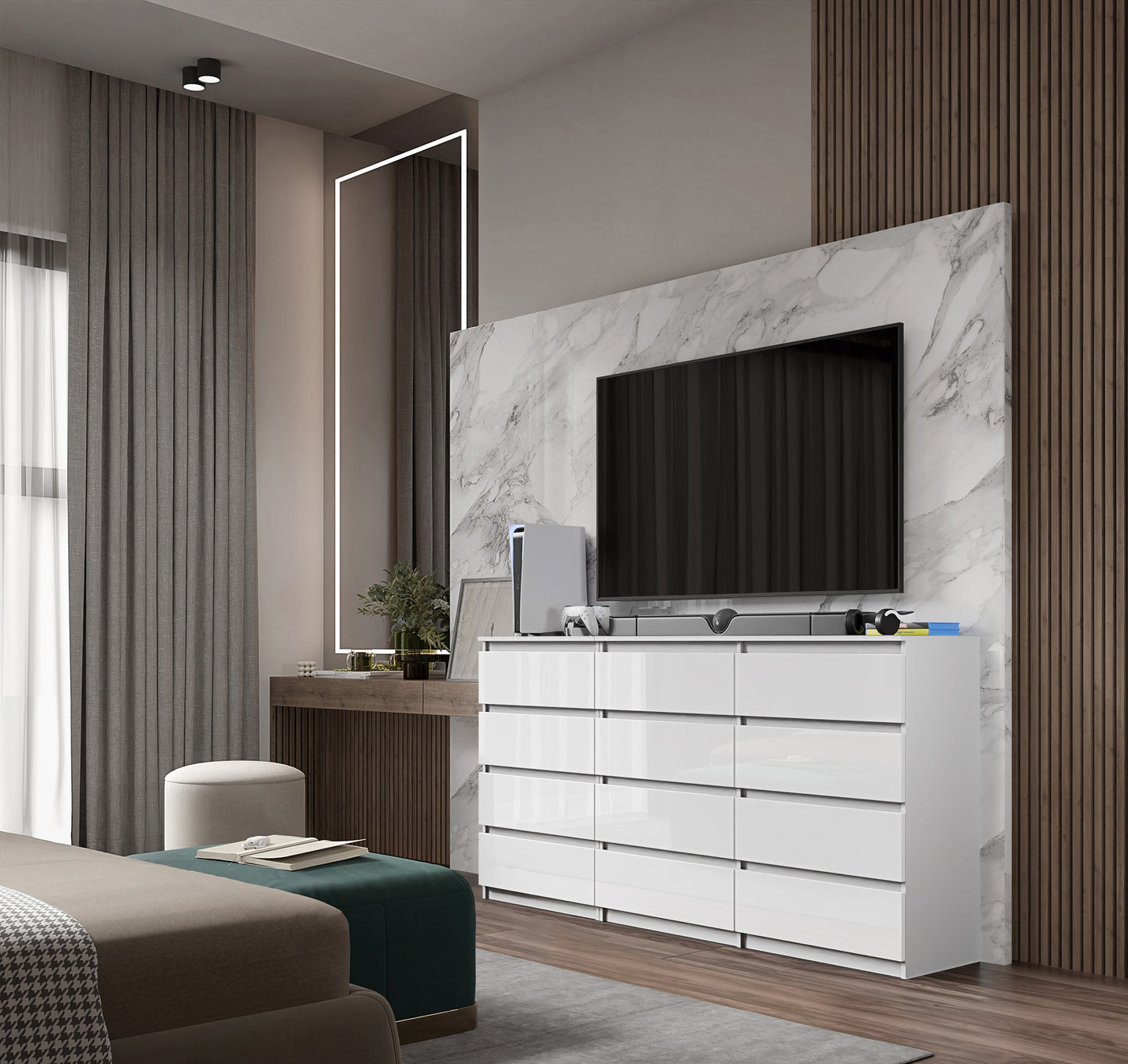 GABRIEL - Commode 12 Tiroirs (8+4) - H92cm L180cm P33cm (Blanc Brillant)