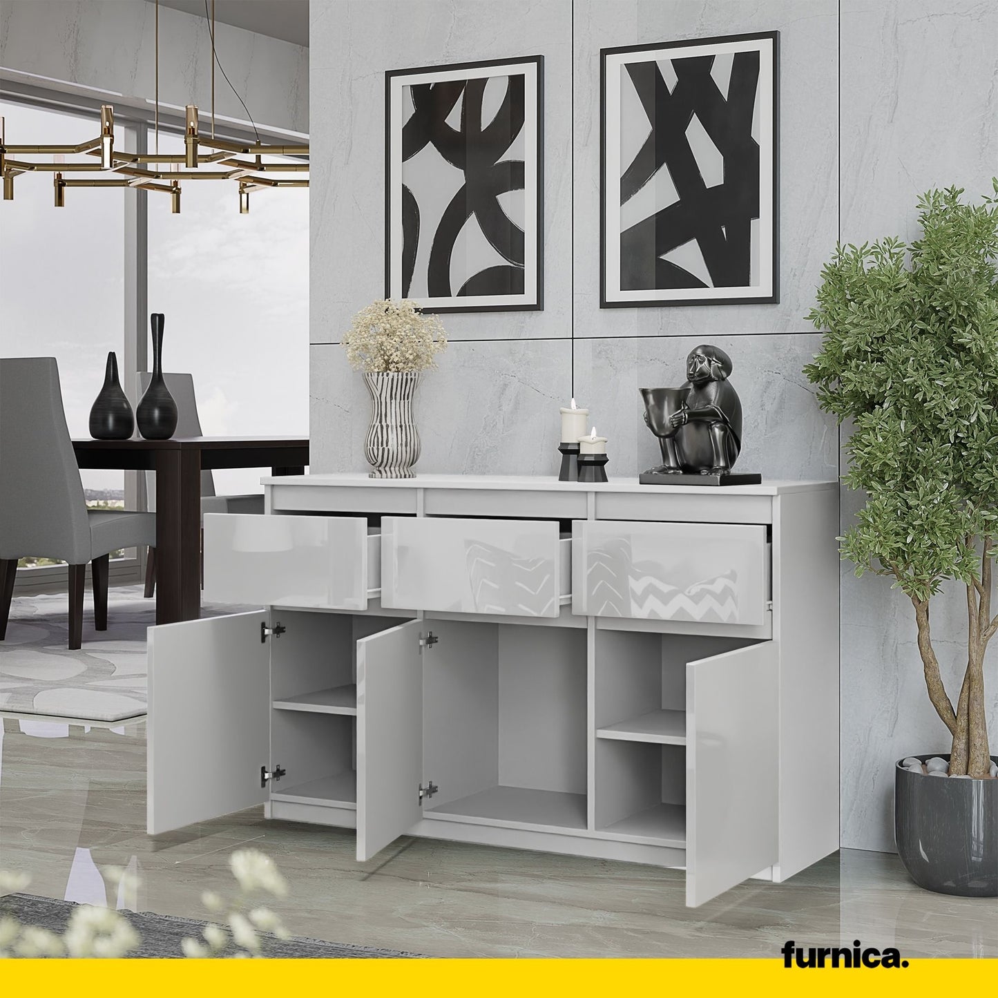 NOAH - Commode 3 Tiroirs et 3 Portes - Meuble de Rangement pour Couloir/Chambre - Buffet - H75cm L120cm P35cm (Blanc Matt/Blanc Brillant)