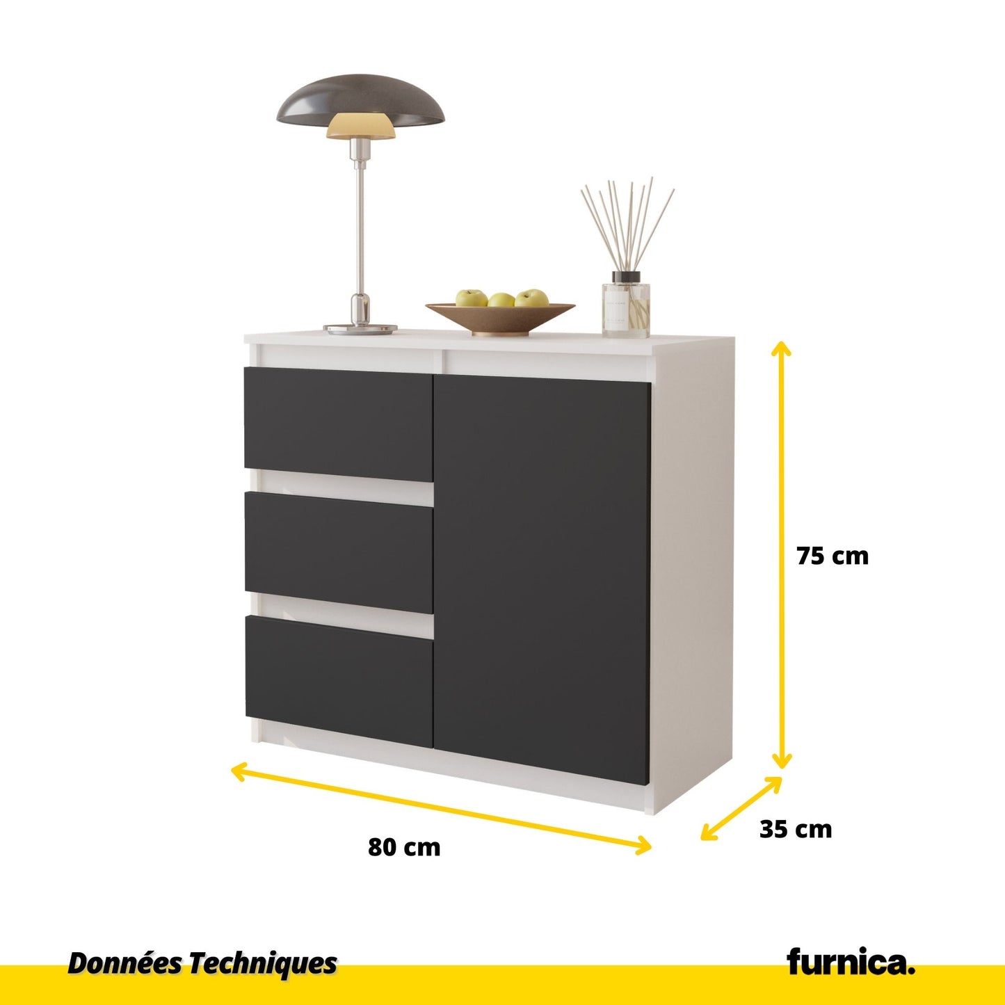 MIKEL - Commode 3 Tiroirs et 1 Porte - Armoire de Rangement pour Couloir/Chambre à Coucher - Buffet - H75cm L80cm P35cm (Blanc/Anthracite)