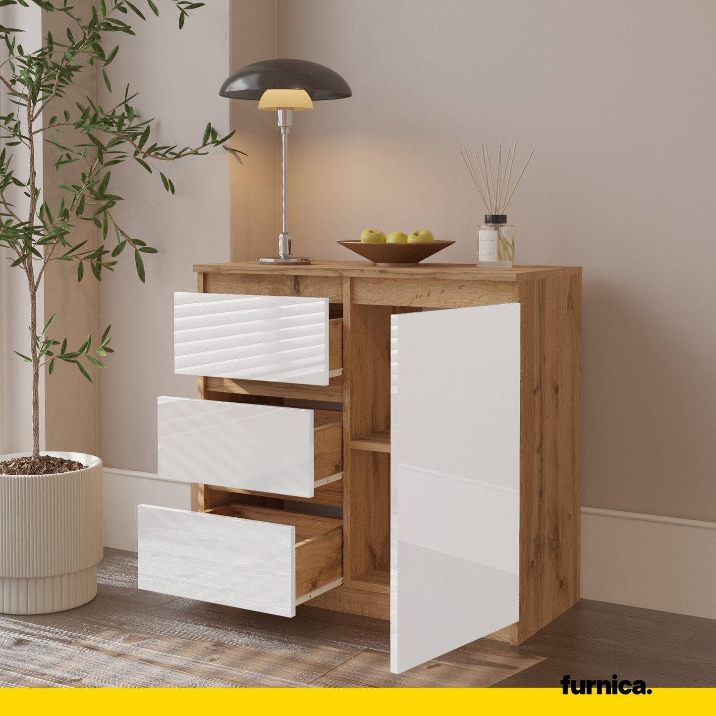 MIKEL - Commode 3 Tiroirs et 1 Porte - Armoire de Rangement pour Couloir / Chambre à Coucher - Buffet - H75cm L80cm P35cm (Chêne Wotan / Blanc Brillant)