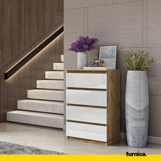 GABRIEL - Commode 4 Tiroirs - Table de Chevet Buffet - H92cm L60cm P33cm (Chêne Wotan / Blanc Brillant)