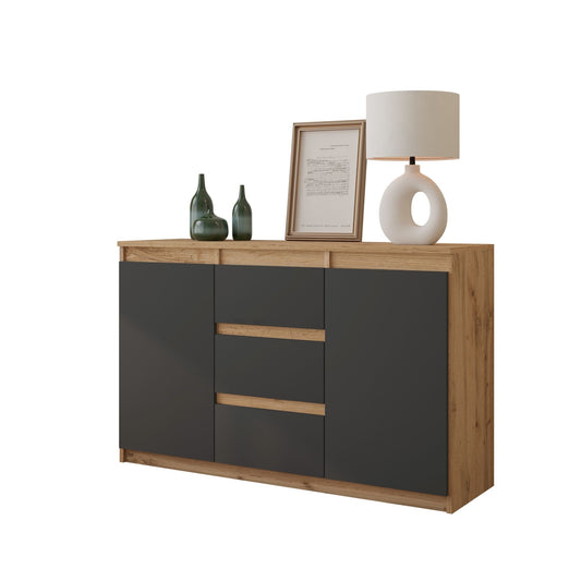 MIKEL - Commode 3 Tiroirs et 2 Portes - Armoire de Rangement pour Couloir / Chambre à Coucher - Buffet - H75cm L120cm P35cm (Chêne Wotan / Anthracite)