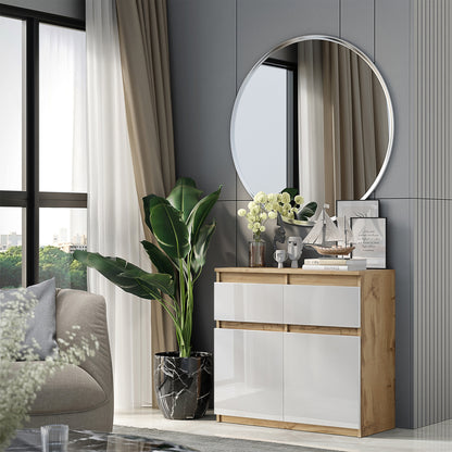 NOAH - Commode 2 Tiroirs et 2 Portes - Meuble de Rangement pour Couloir / Chambre - Buffet - H75cm L80cm P35cm (Chêne Wotan / Blanc Brillant)