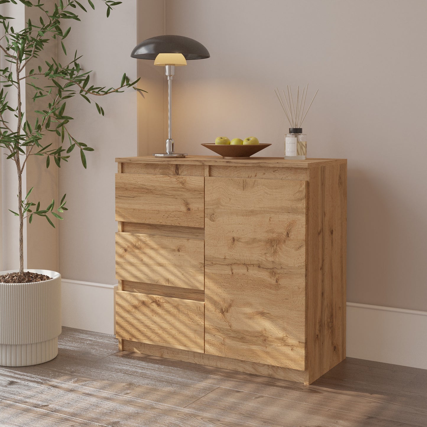 MIKEL - Commode 3 Tiroirs et 1 Porte - Armoire de Rangement pour Couloir / Chambre à Coucher - Buffet - H75cm L80cm P35cm (Chêne Wotan)