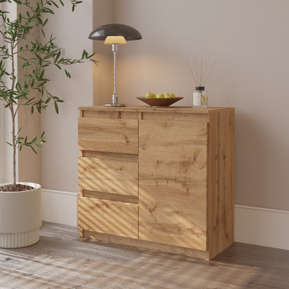 MIKEL - Commode 3 Tiroirs et 1 Porte - Armoire de Rangement pour Couloir / Chambre à Coucher - Buffet - H75cm L80cm P35cm (Chêne Wotan)