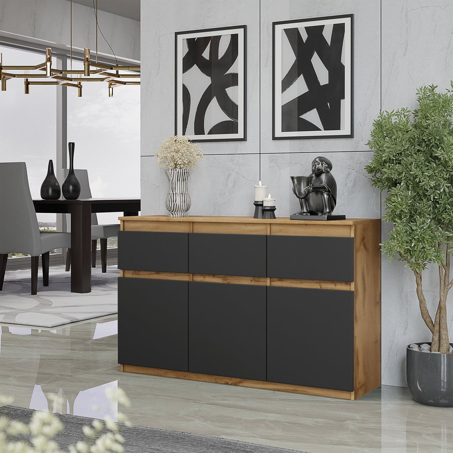 NOAH - Commode 3 Tiroirs et 3 Portes - Meuble de Rangement pour Couloir / Chambre - Buffet - H75cm L120cm P35cm (Chêne Wotan / Anthracite)