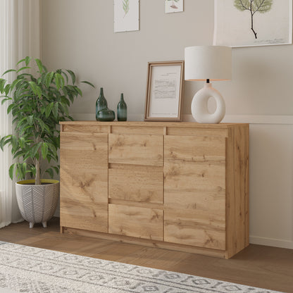 MIKEL - Commode 3 Tiroirs et 2 Portes - Armoire de Rangement pour Couloir / Chambre à Coucher - Buffet - H75cm L120cm P35cm (Chêne Wotan)
