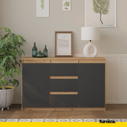 MIKEL - Commode 3 Tiroirs et 2 Portes - Armoire de Rangement pour Couloir / Chambre à Coucher - Buffet - H75cm L120cm P35cm (Chêne Wotan / Anthracite)