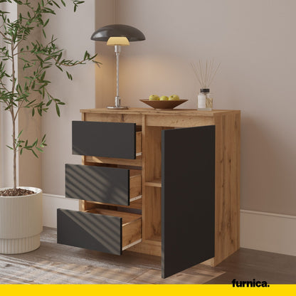 MIKEL - Commode 3 Tiroirs et 1 Porte - Armoire de Rangement pour Couloir / Chambre à Coucher - Buffet - H75cm L80cm P35cm (Chêne Wotan / Anthracite)