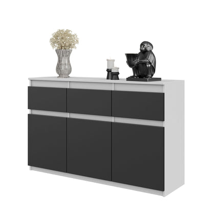 NOAH - Commode 3 Tiroirs et 3 Portes - Meuble de Rangement pour Couloir/Chambre - Buffet - H75cm L120cm P35cm (Blanc/Anthracite)