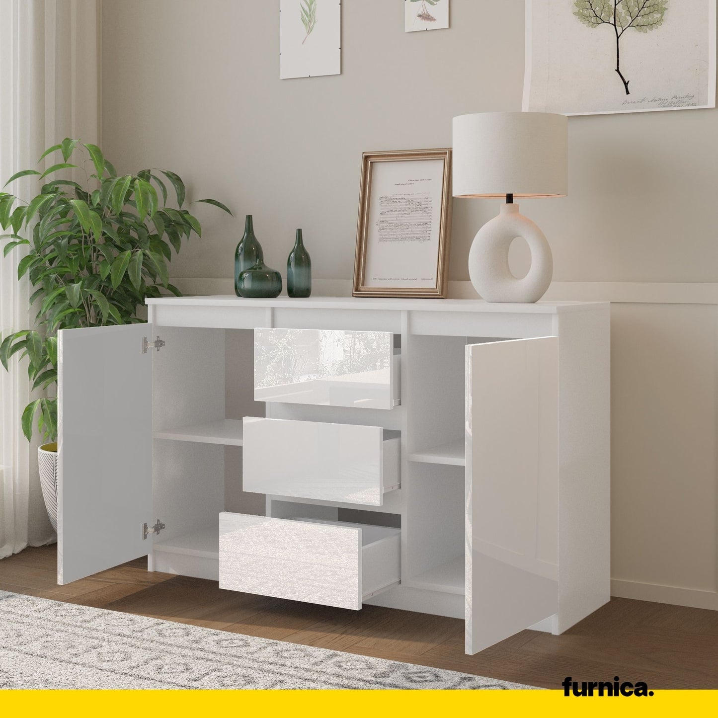 MIKEL - Commode 3 Tiroirs et 2 Portes - Armoire de Rangement pour Couloir/Chambre à Coucher - Buffet - H75cm L120cm P35cm (Blanc Matt/Blanc Brillant)