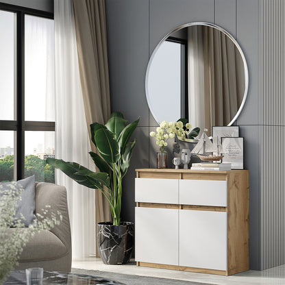 NOAH - Commode 2 Tiroirs et 2 Portes - Meuble de Rangement pour Couloir/Chambre - Buffet - H75cm L80cm P35cm (Chêne Wotan/Blanc)