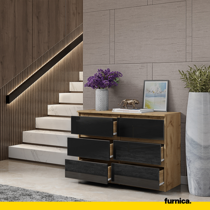 GABRIEL - Commode 6 Tiroirs - Buffet de Chevet - H71 cm L100 cm P33 cm (Chêne Wotan / Noir Brillant)