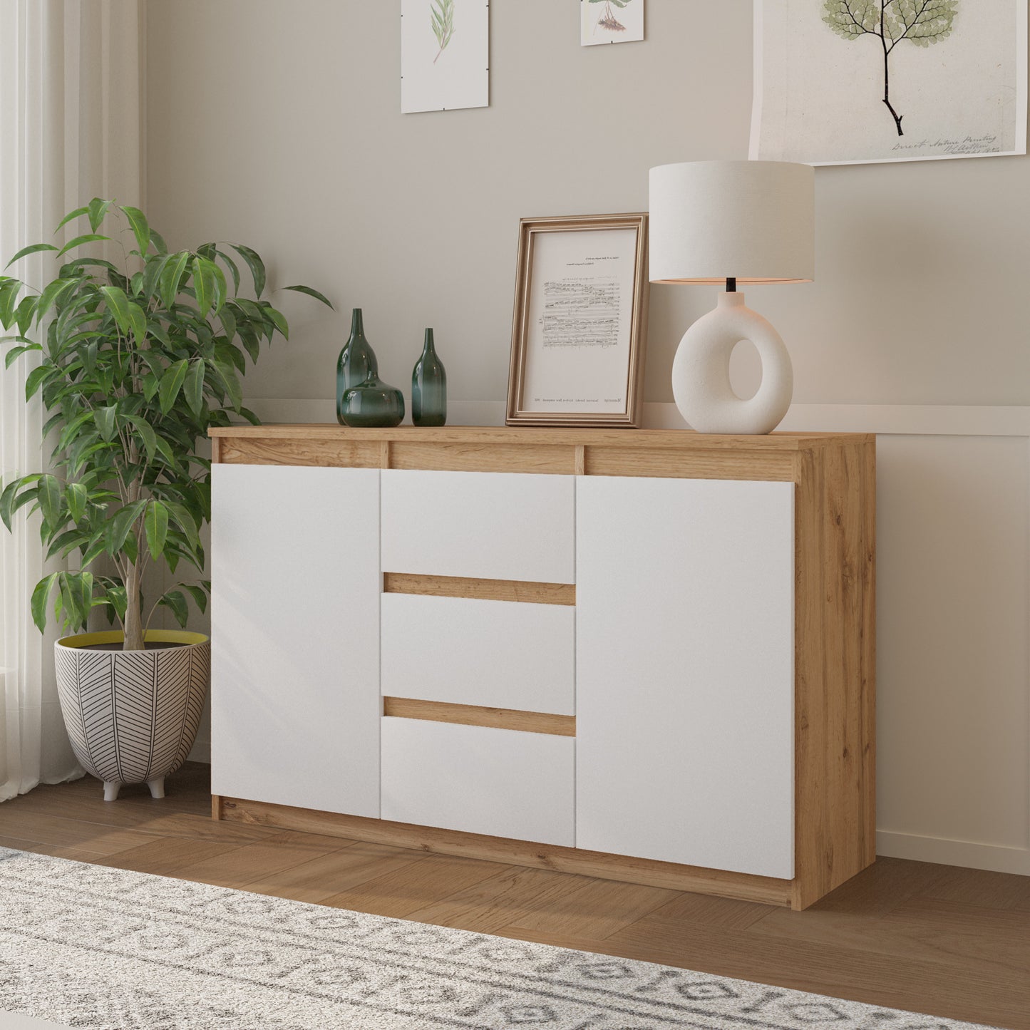 MIKEL - Commode 3 Tiroirs et 2 Portes - Armoire de Rangement pour Couloir / Chambre à Coucher - Buffet - H75cm L120cm P35cm (Chêne Wotan / Blanc)
