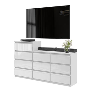 GABRIEL - Commode 10 Tiroirs (6+4) - H92/70 cm L160 cm P33 cm (Blanc Brillant)
