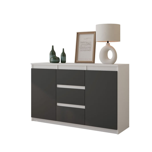 MIKEL - Commode 3 Tiroirs et 2 Portes - Armoire de Rangement pour Couloir/Chambre à Coucher - Buffet - H75cm L120cm P35cm (Blanc/Anthracite)
