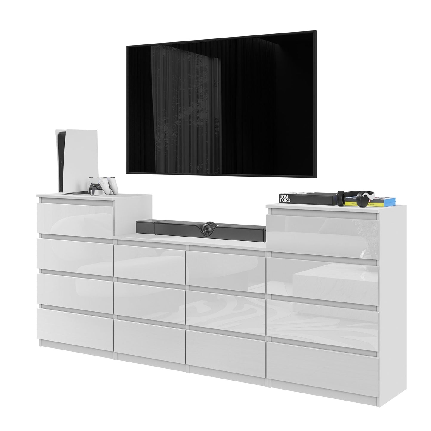 GABRIEL - Commode 14 Tiroirs (4+6+4) - H92cm L220cm P33cm (Blanc Brillant)