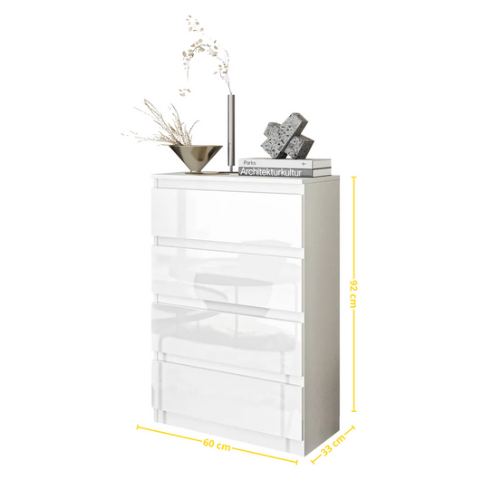 GABRIEL - Commode 4 Tiroirs - Table de Chevet Buffet - H92cm L60cm P33cm (Blanc Matt / Blanc Brillant)