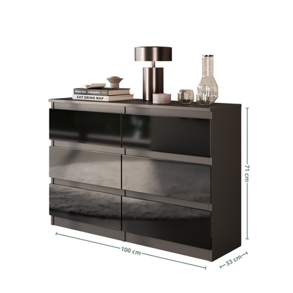 GABRIEL - Commode 6 Tiroirs - Buffet de Chevet - H71 cm L100 cm P33 cm (Anthracite / Noir Brillant)