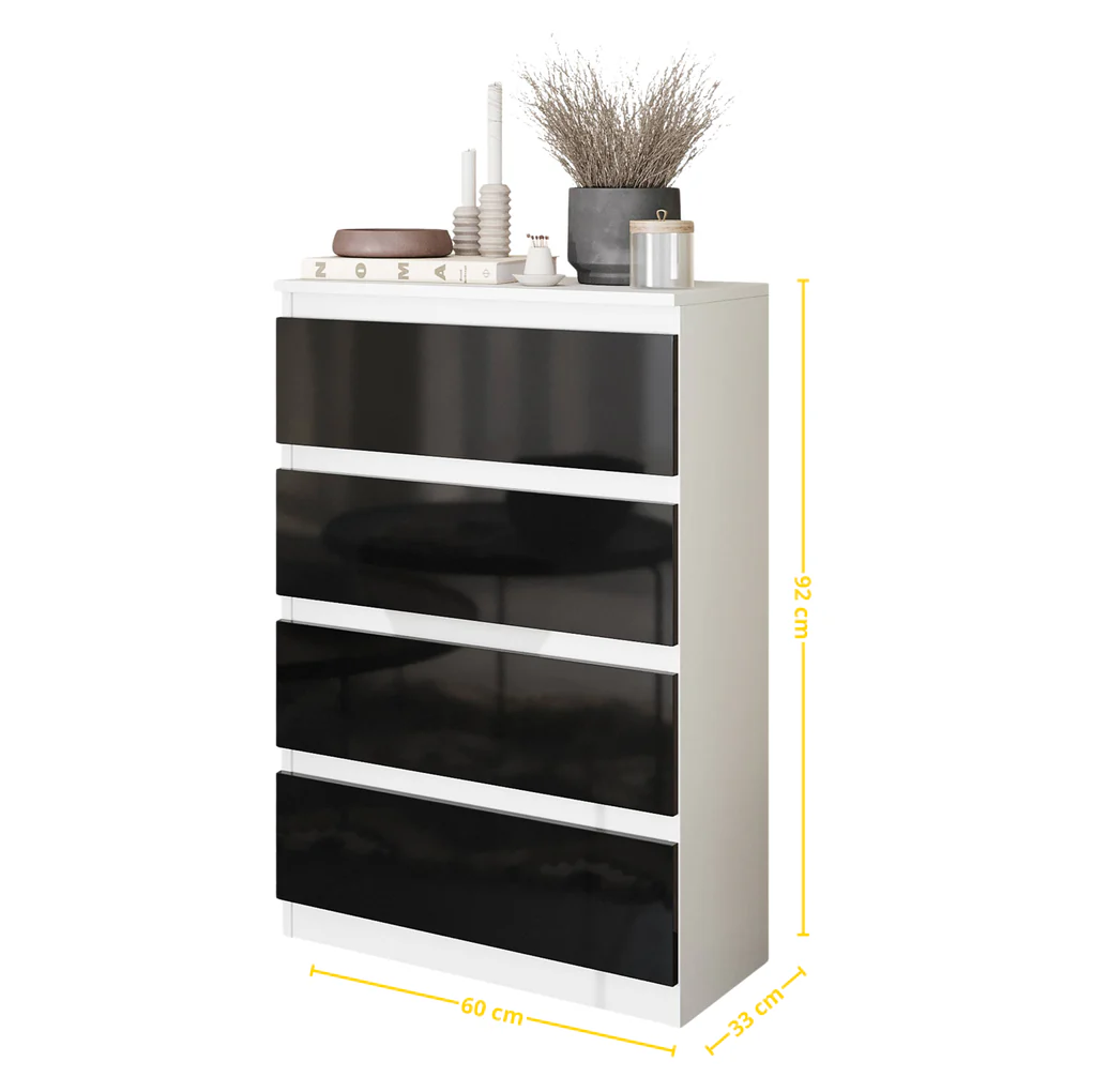 GABRIEL - Commode 4 Tiroirs - Table de Chevet Buffet - H92cm L60cm P33cm (Blanc / Noir Brillant)