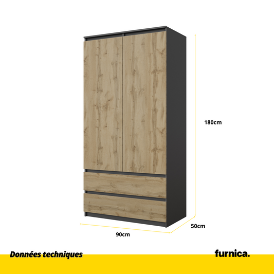JOELLE - Armoire 2 Portes avec 2 Tiroirs - Anthracite / Chêne Wotan H180cm L90cm P50cm