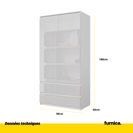 JOELLE - Armoire 2 Portes avec 2 Tiroirs - Blanc Matt / Blanc Brillant H180cm L90cm P50cm