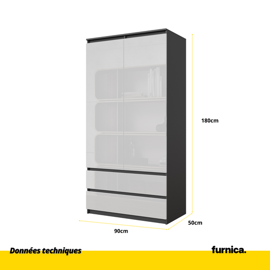 JOELLE - Armoire 2 Portes avec 2 Tiroirs - Anthracite / Blanc Brillant H180cm L90cm P50cm