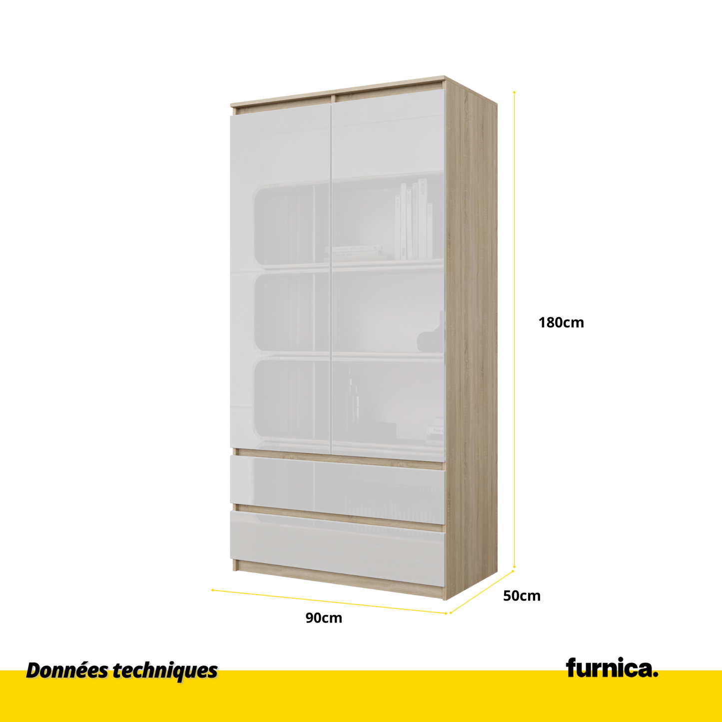 JOELLE - Armoire 2 Portes avec 2 Tiroirs - Chêne Sonoma / Blanc Brillant H180cm L90cm P50cm