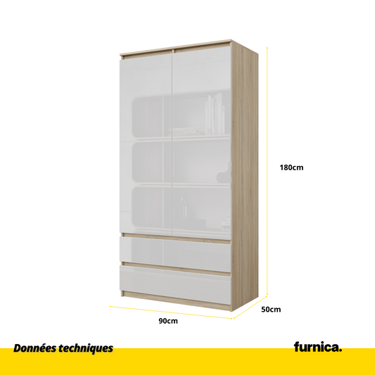 JOELLE - Armoire 2 Portes avec 2 Tiroirs - Chêne Sonoma / Blanc Brillant H180cm L90cm P50cm