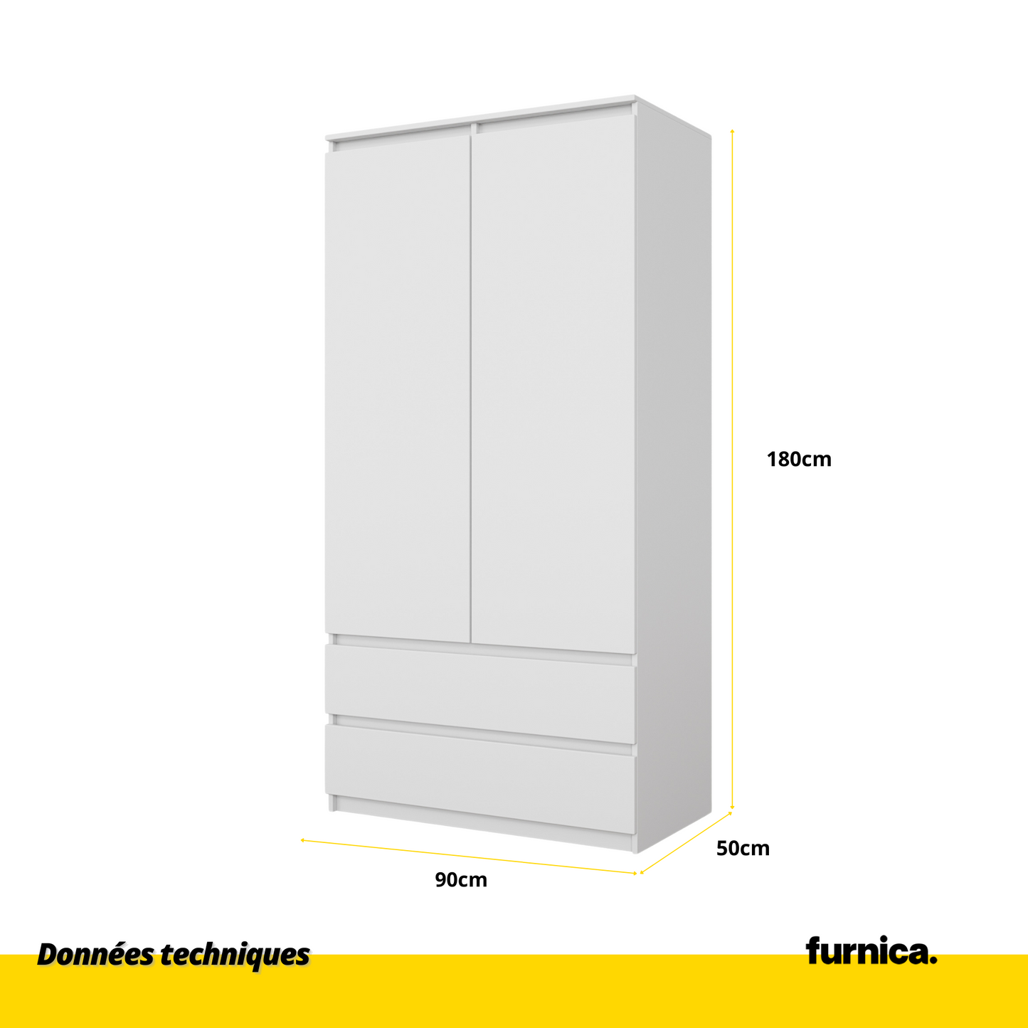 JOELLE - Armoire 2 Portes avec 2 Tiroirs - Blanc Matt H180cm L90cm P50cm