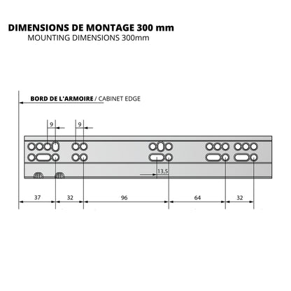 Ensemble de glissières dissimulée à fermeture silencieuse (gauche et droite), extension complète 300mm