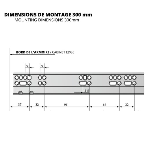 Ensemble de glissières dissimulée à fermeture silencieuse (gauche et droite), extension complète 300mm