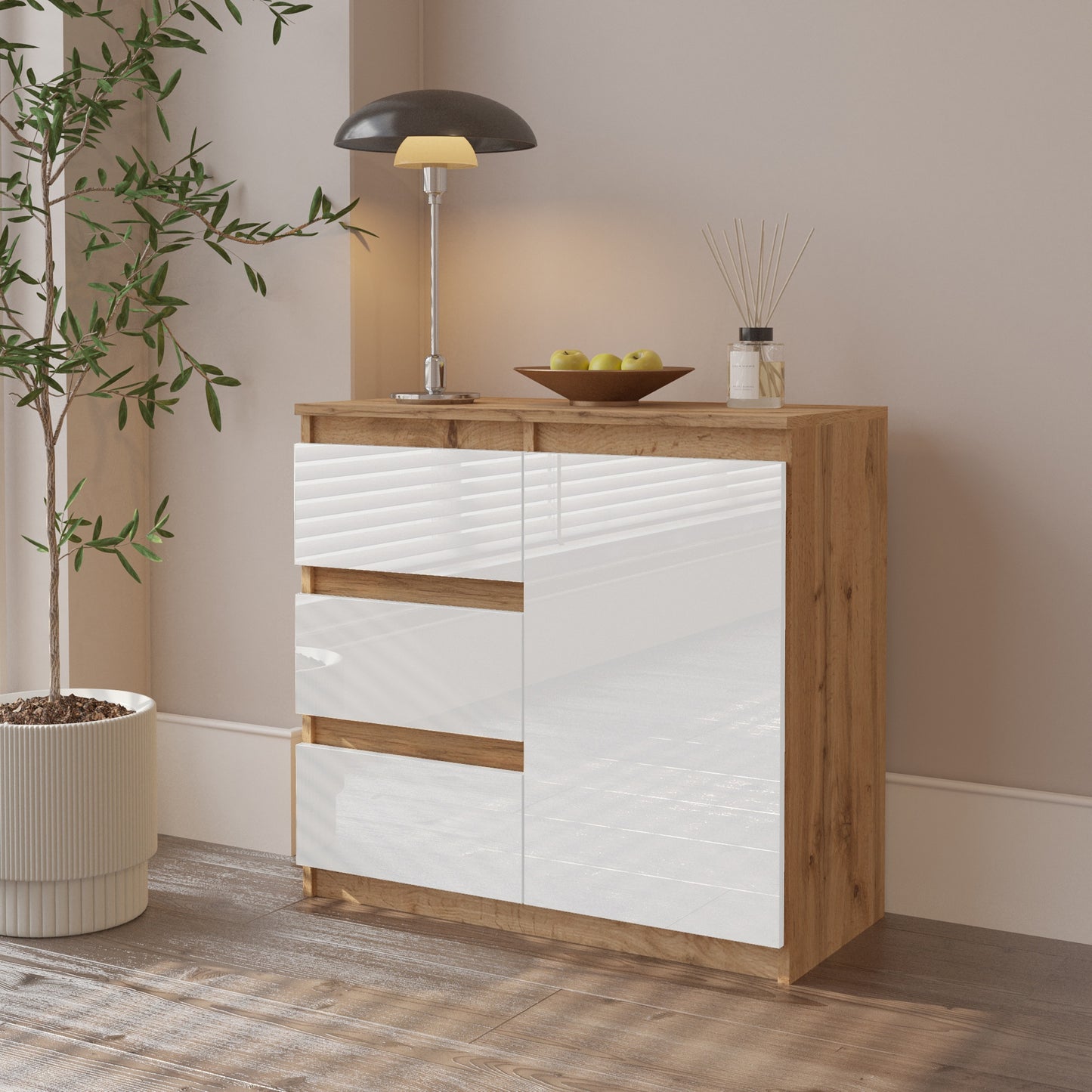 MIKEL - Commode 3 Tiroirs et 1 Porte - Armoire de Rangement pour Couloir / Chambre à Coucher - Buffet - H75cm L80cm P35cm (Chêne Wotan / Blanc Brillant)