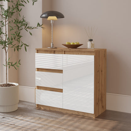 MIKEL - Commode 3 Tiroirs et 1 Porte - Armoire de Rangement pour Couloir / Chambre à Coucher - Buffet - H75cm L80cm P35cm (Chêne Wotan / Blanc Brillant)