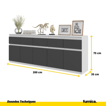 NOAH - Commode 5 Tiroirs et 5 Portes - Armoire de Rangement pour Couloir / Chambre à Coucher - Buffet - Blanc Matt / Anthracite H75cm L200cm P35cm