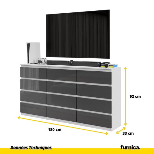 GABRIEL - Commode 12 Tiroirs (8+4) - H92cm L180cm P33cm (Blanc / Anthracite Brillant)