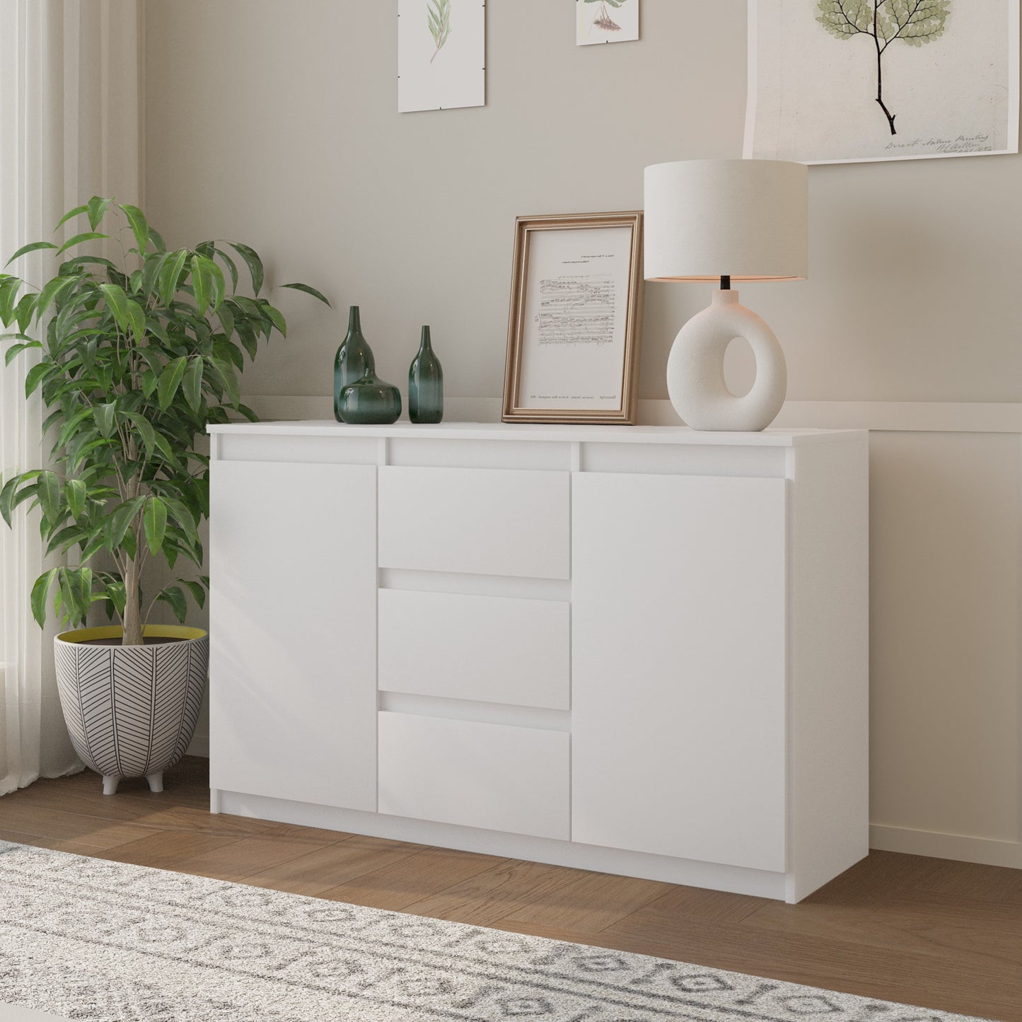 MIKEL - Commode 3 Tiroirs et 2 Portes - Armoire de Rangement pour Couloir/Chambre à Coucher - Buffet - H75cm L120cm P35cm (Blanc)
