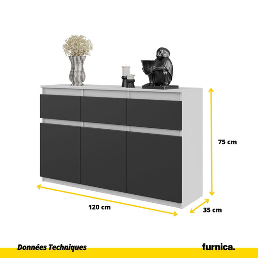 NOAH - Commode 3 Tiroirs et 3 Portes - Meuble de Rangement pour Couloir/Chambre - Buffet - H75cm L120cm P35cm (Blanc/Anthracite)