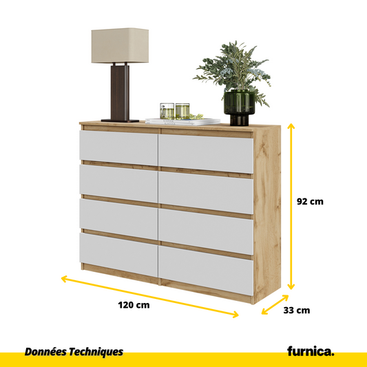 GABRIEL - Commode 8 Tiroirs - Buffet de Chevet - H92 cm L120 cm P33 cm (Chêne Wotan / Blanc Matt)