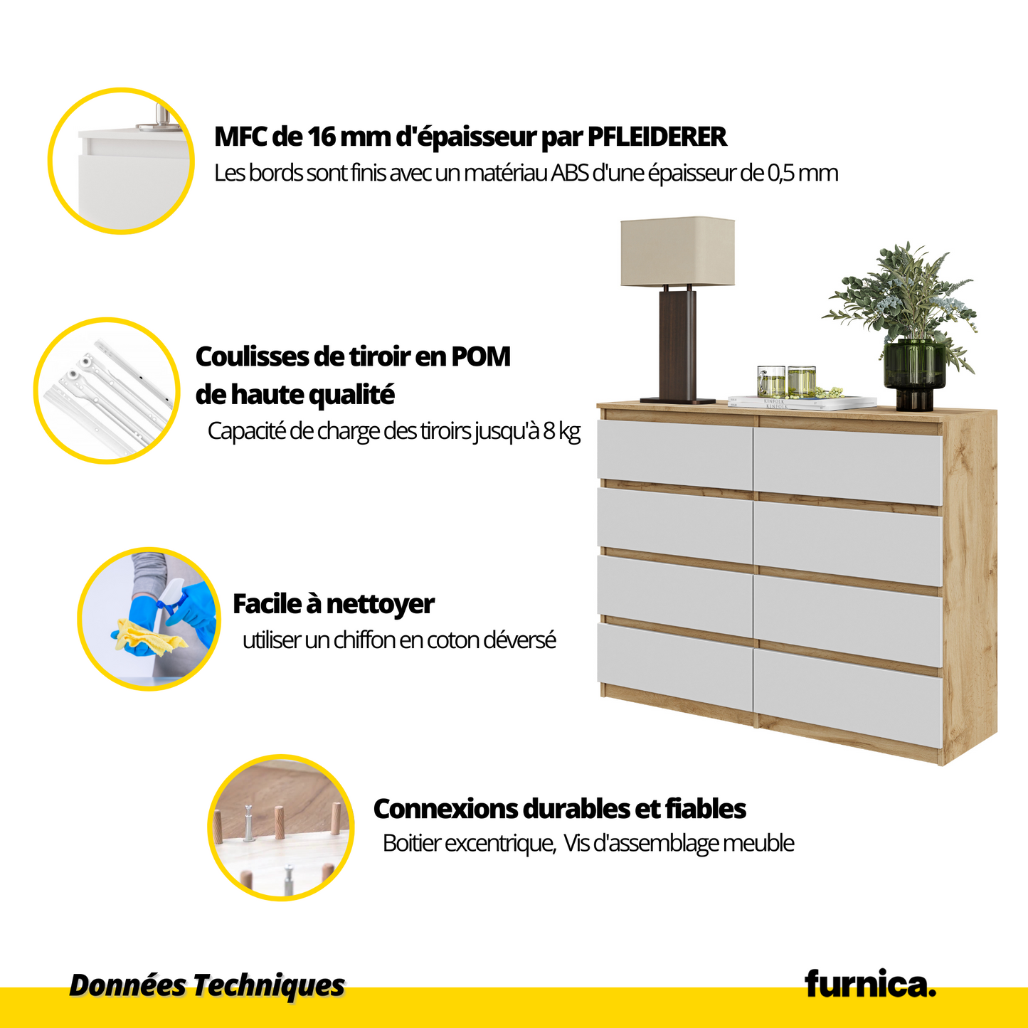 GABRIEL - Commode 8 Tiroirs - Buffet de Chevet - H92 cm L120 cm P33 cm (Chêne Wotan / Blanc Matt)