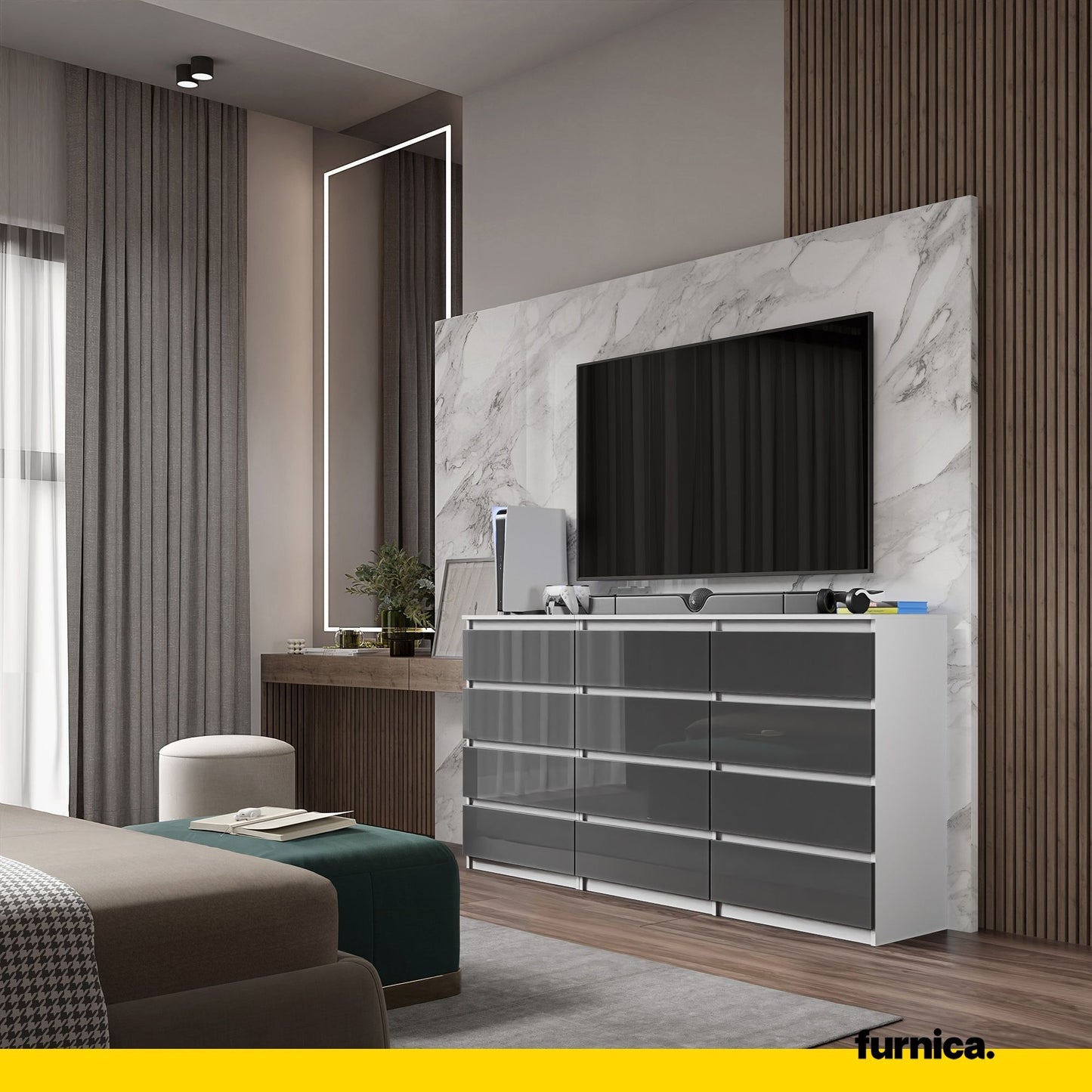 GABRIEL - Commode 12 Tiroirs (8+4) - H92cm L180cm P33cm (Blanc / Anthracite Brillant)