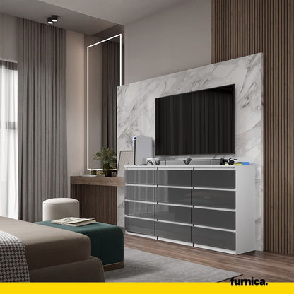 GABRIEL - Commode 12 Tiroirs (8+4) - H92cm L180cm P33cm (Blanc / Anthracite Brillant)