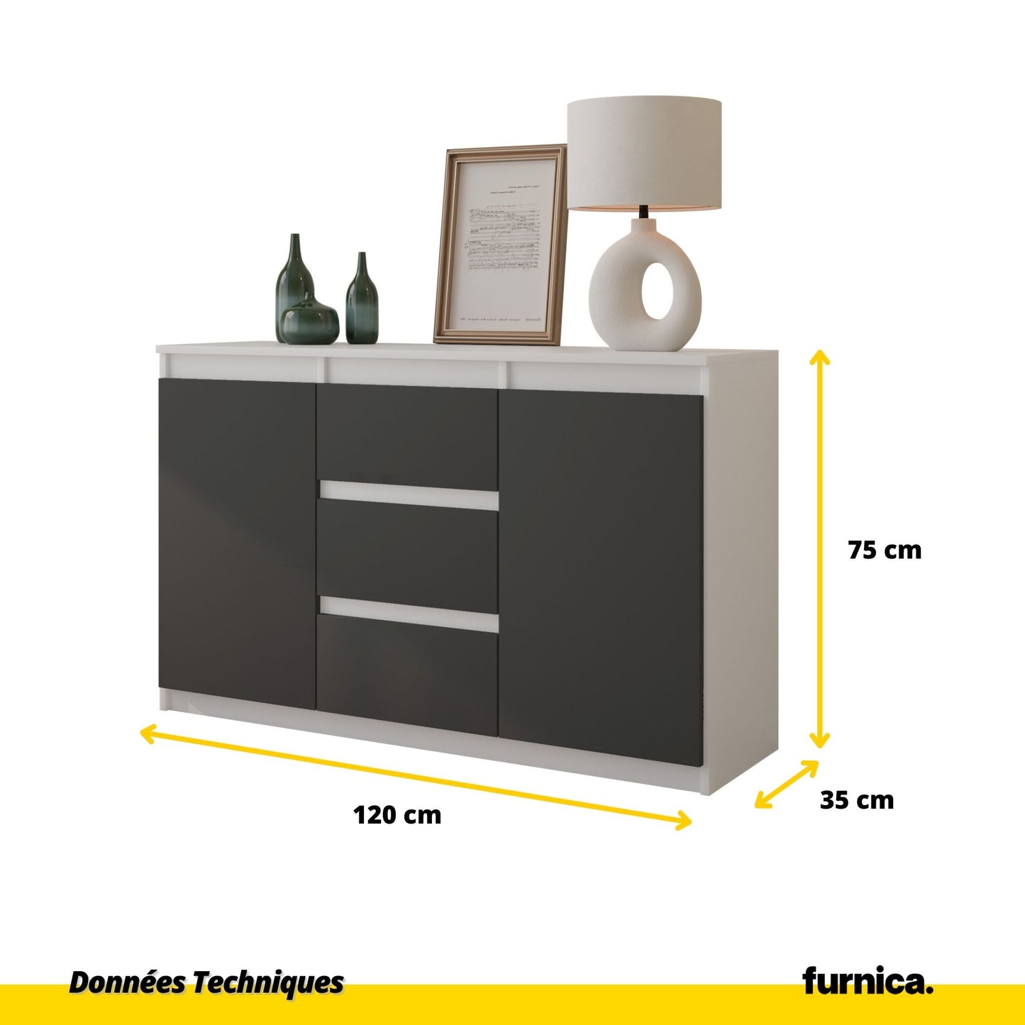 MIKEL - Commode 3 Tiroirs et 2 Portes - Armoire de Rangement pour Couloir/Chambre à Coucher - Buffet - H75cm L120cm P35cm (Blanc/Anthracite)