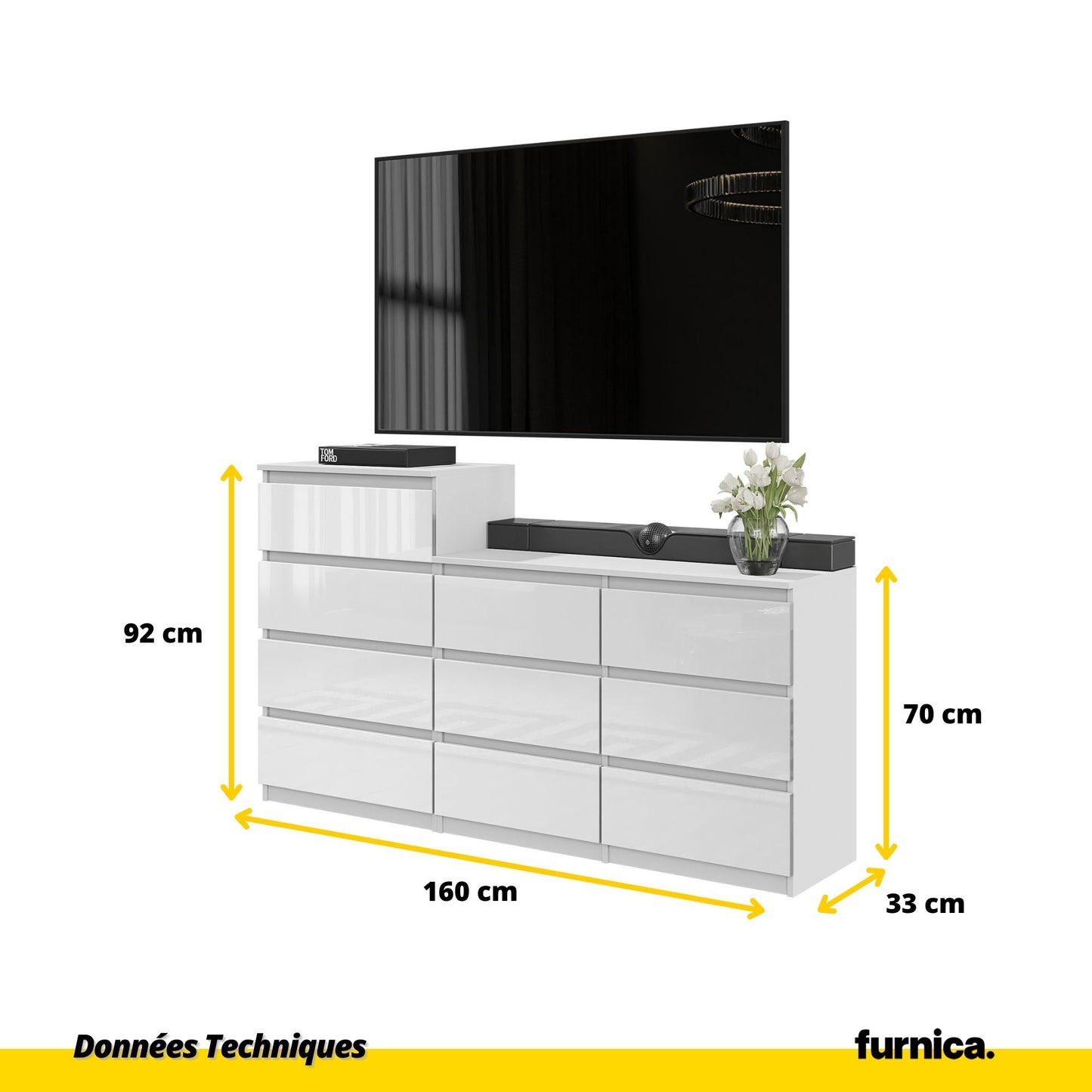 GABRIEL - Commode 10 Tiroirs (6+4) - H92/70 cm L160 cm P33 cm (Blanc Brillant)